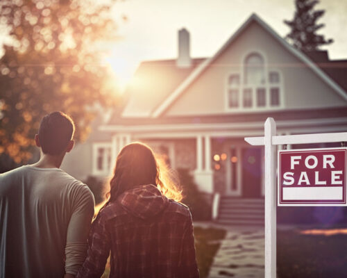 Young Adult Couple Admiring House with For Sale Real Estate Sign